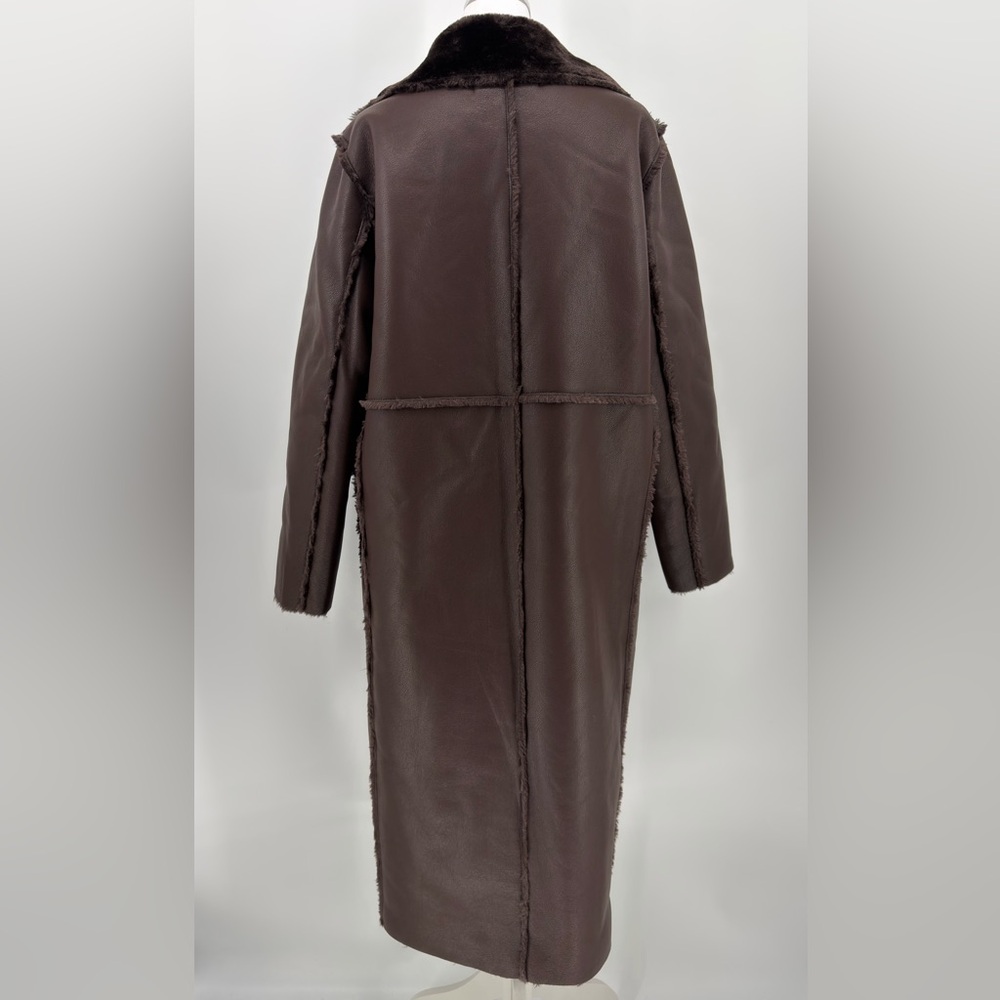 Jason Wi Shearling long Coat Cafe Noir Brown Teddy Lined Button Front Size M NWT - Picture 3 of 8